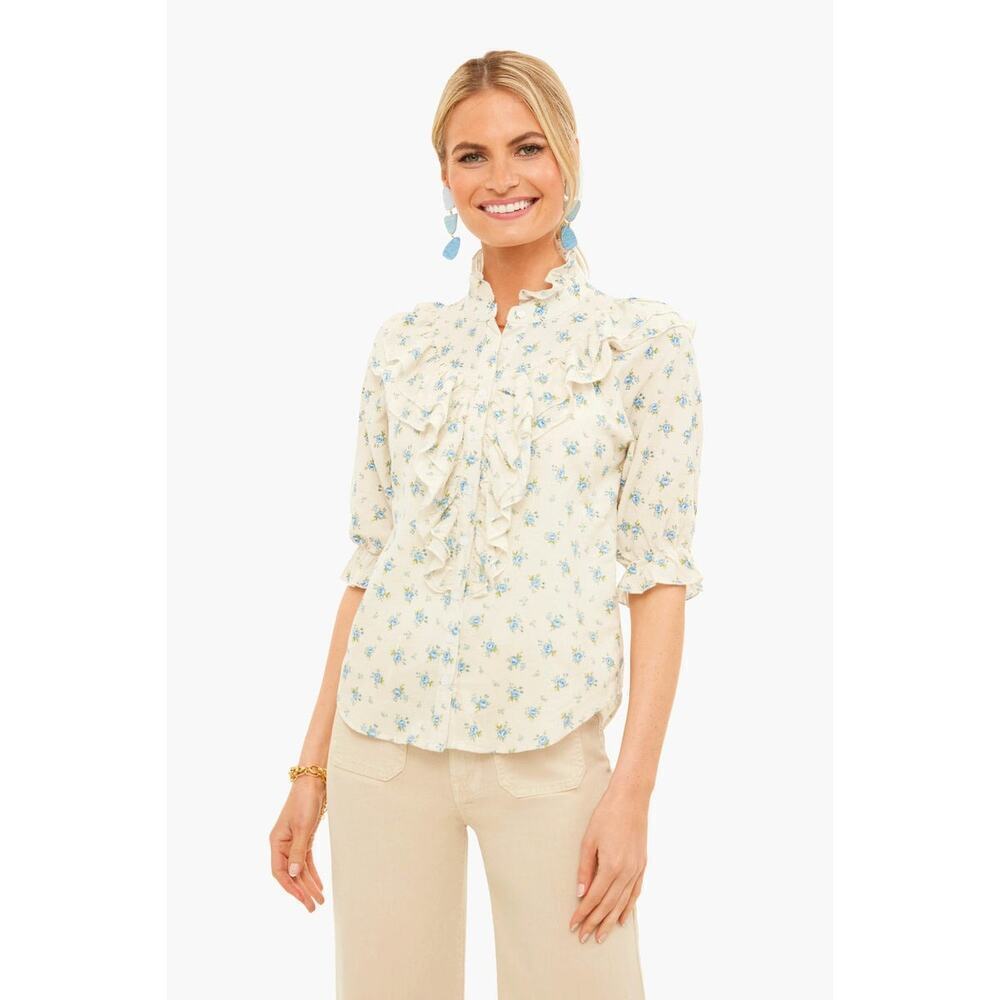 THE SHIRT BY ROCHELLE BEHRENS Beige and Blue Jill Ruffle Shirt Size S NWT